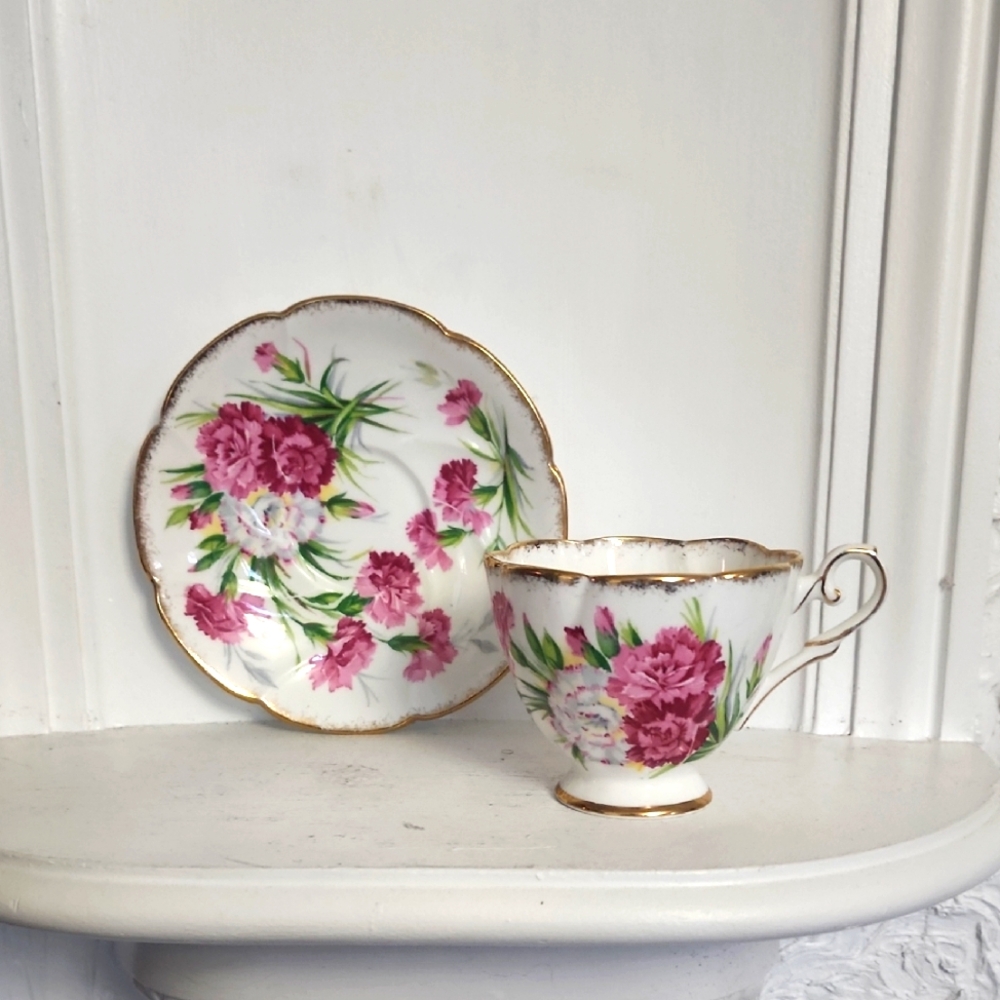 Carnation Tea Cup and Saucer Set, Royal Stafford Bone China Rare